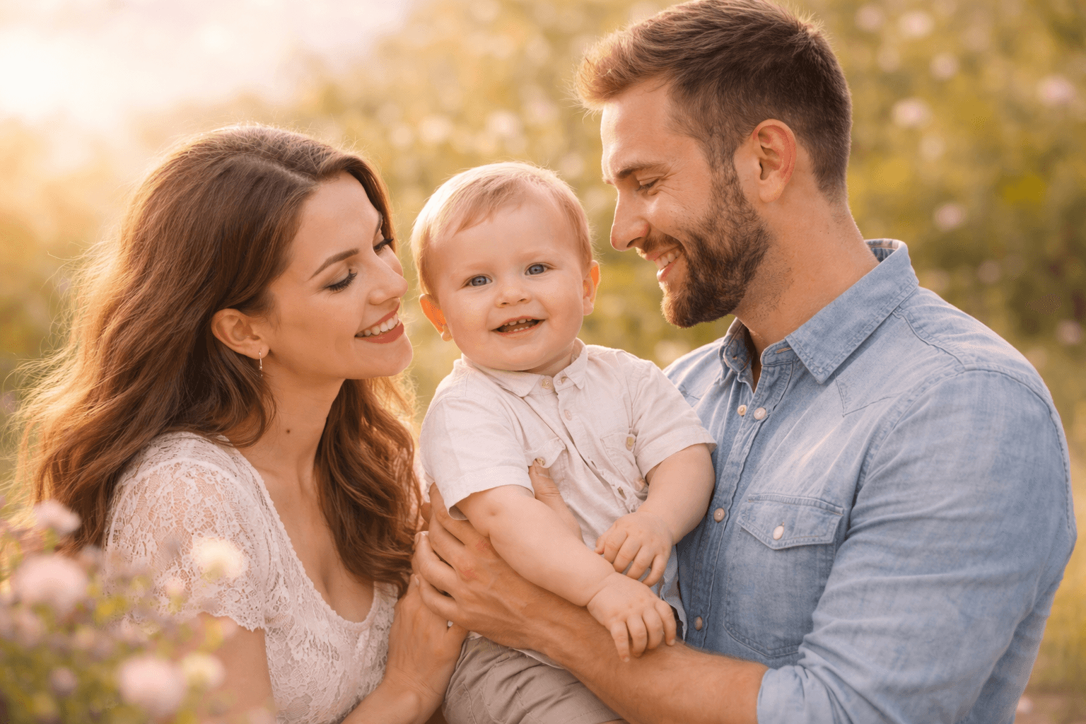 Mom and dad smiling with their baby in golden sunlight